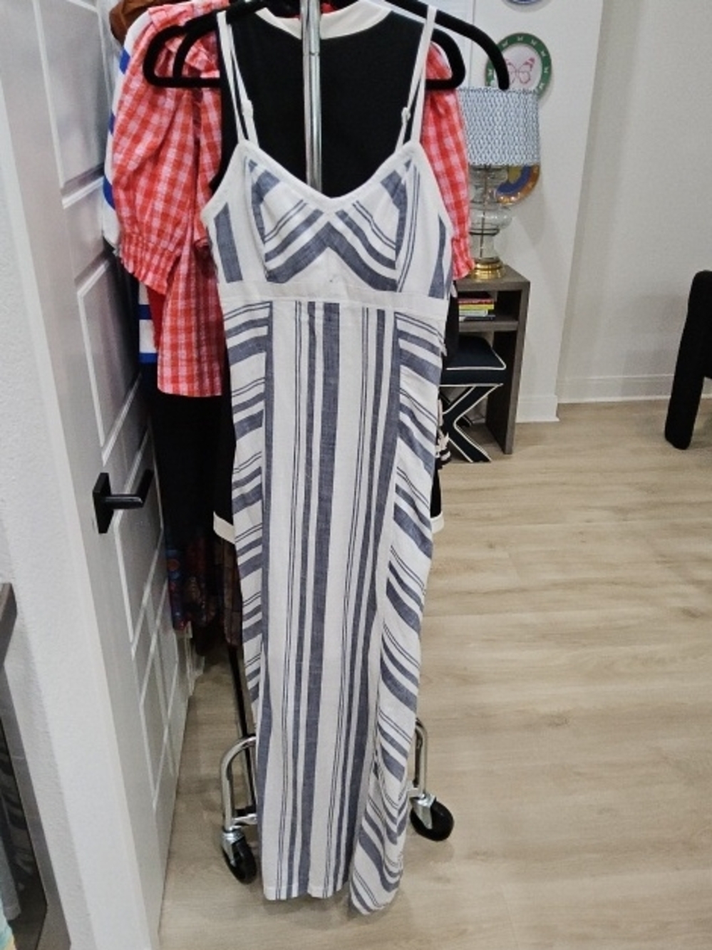 Striped Spaghetti-Strap Maxi Dress in White and Navy